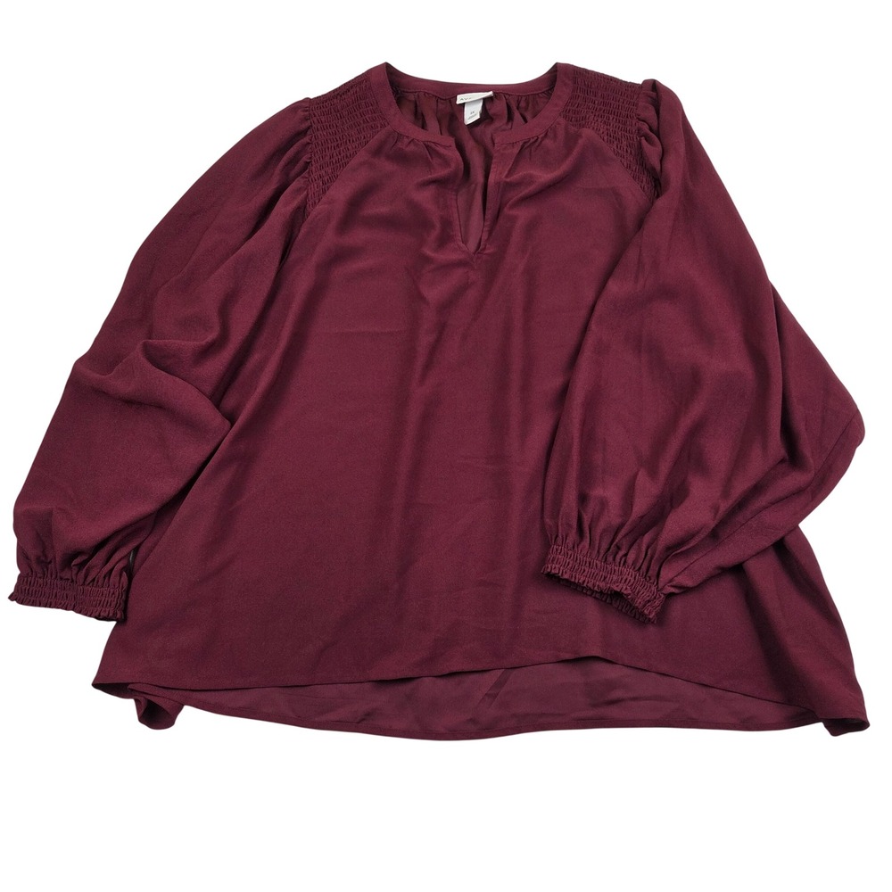 Ava & Viv Blouse Burgundy Smocked Shoulder V-Neck Balloon Sleeve Top 2X
